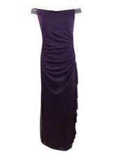 Betsy & Adam Women's Off-The-Shoulder Ruched Gown (12, Plum/Gunmetal)