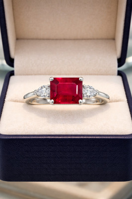 Natural Ruby & Diamond  Emerald Cut Wedding Ring 14K Solid White Gold 3.00 Ct