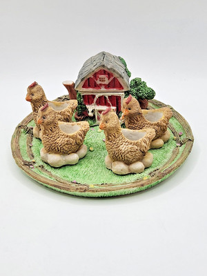 Mini Red Barn 4 Hens on Eggs on Green Meadow Saucer China