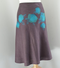 Monsoon Skirt 100 Linen Brown  Green Flower Appliqu  Knee Length Skirt UK 18