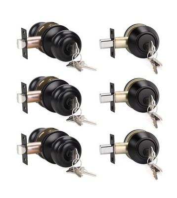 KNOBWELL 3 Pack Keyed Alike Entry Door Knobs and Single Cylinder Deadbolt Loc...