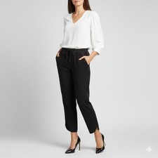 KENNETH COLE Elastic Waist Tie Front Trimmed Pull On Ankle Pants Black Womens L