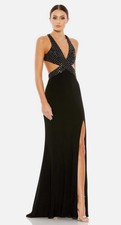 EUC Mac Duggal 68166 Sequin Sheath Criss Cross Bodice Gown Black Size 10