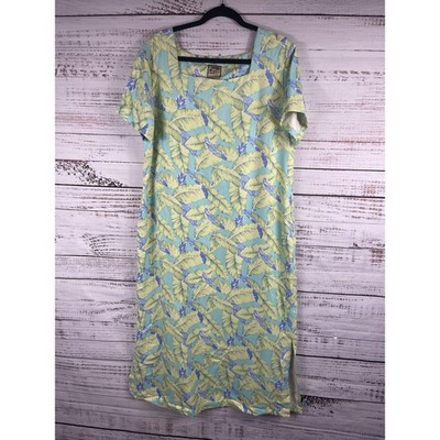 Rum Runner Dress Women's XL Blue Green Silk Tropical Banana Leaf Maxi Hawaiian