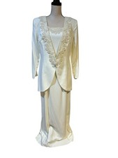 LORALIE ORIGINALS Cream Formal Elegant Long Dress/Jacket 14 Faux Pearls Wedding