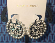 Tory Burch Silver Miller Wire Hoop Pearl Logo Earrings - NWOT