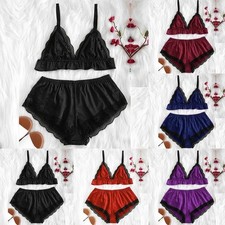 Stylish Lace Trim Satin Sleepwear Set for Women Pajama Shorts with Lace Top