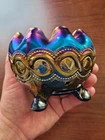 Pretty Blue Northwood Carnival Glass Beaded Cable Rose Bowl