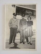 Vintage WW2 US Army Two Soldiers And Lady Posing In Front Of Restaurant Photo