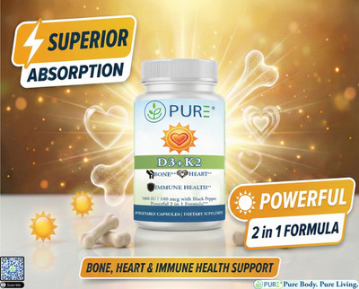 PURE D3 + K2 (5000IU + 100mcg), Black Pepper, Bones, Heart, Immunity, 60 Caps!