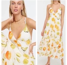 NWT J Crew Edie Parker Button Tiered Maxi Sz M Limes Oranges Citrus Dress AP050