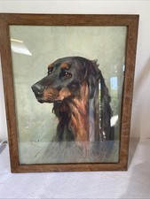 Vintage Oak Framed Arthur Wardle Print Of A Gordon Setter Dog