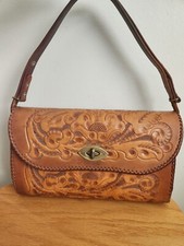 Vintage Hand Tooled Leather Handbag Brown Floral With Coin Pouch
