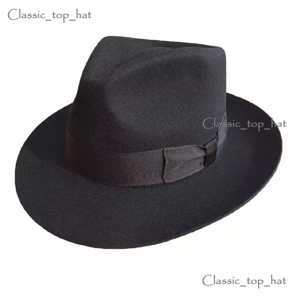 Chapéu masculino 100% lã feltro Fedora Trilby feito à mão aba larga - Imagem 3 de 4