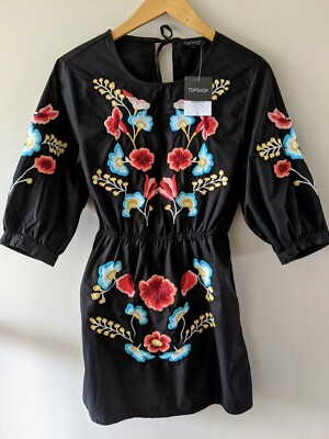 Topshop Embroidered Floral Midi Dress Cotton 3/4 Sleeve Size 6 New With Tag | eBay Topshop Embroidered Floral Midi Dress Cotton 3/4 Sleeve Size 6 New With Tag | eBay