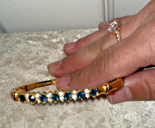 Beautiful Roman Gold Tone Hinged Bangle Bracelet Crystal & Sapphire Rhinestones - Picture 2 of 5