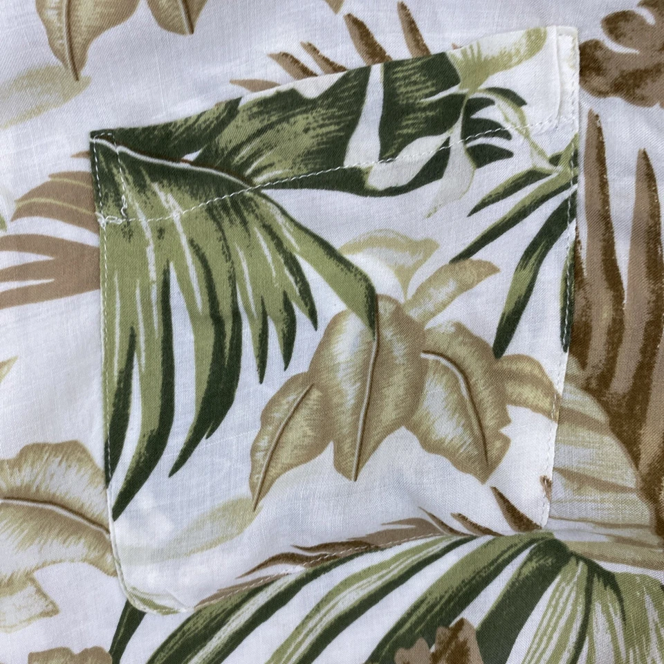 CAMISA HAWAIANA AZUL ISLA HOJA TROPICAL TALLA XL 100% RAYON Verde Crema Usada en Excelente Condición Foto 4 de 4