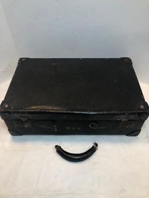 Vintage Black Faux Leather Suitcase Leather Handle MAR Initials 18 x 11 x 5.5