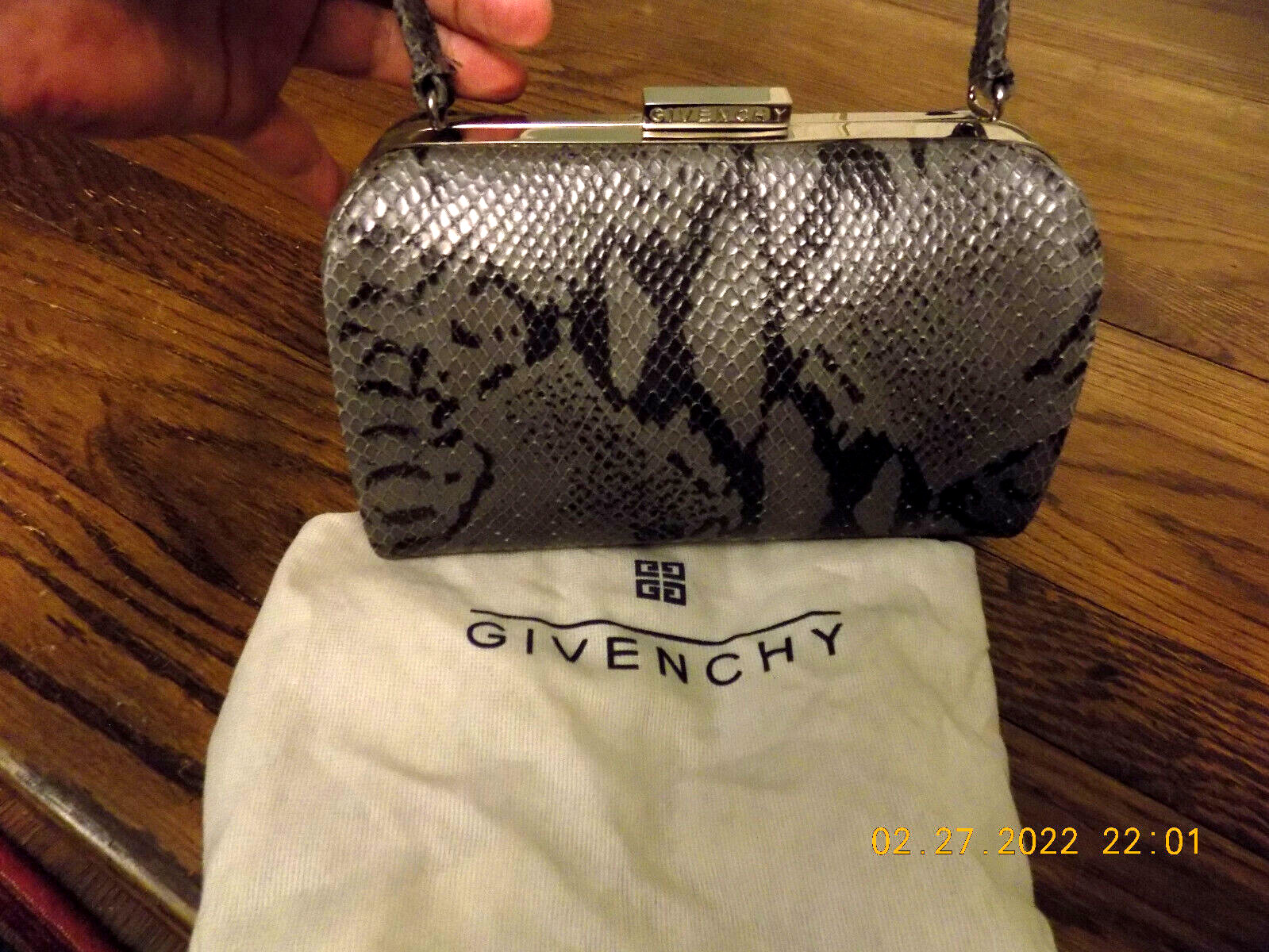 Vtg Givenchy Python Snake skin Gray Black Top Han… - image 1