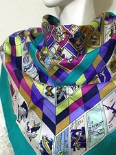VTG Hermes 100% silk Scarf "CORRESPONDANCE" 90cm Emerald green Multi-color #2750