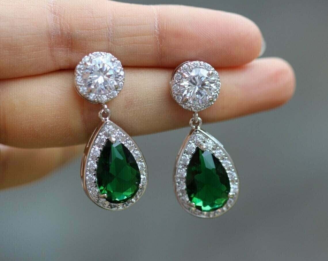 4.50Ct Pear Green Simulated Emerald Dangle Earrings in 14K White Gold Plated