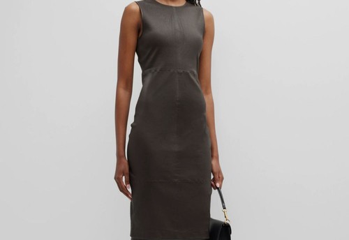 $995 Theory Women's Brown Sleeveless Leather Midi Dress Size US 2