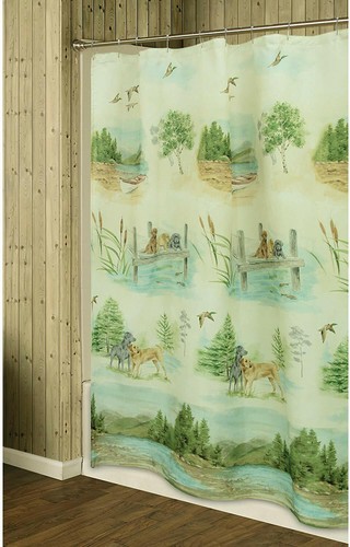 Woodland Dogs Shower Curtain Puppies Lake Trees Bacova - Picture 4 of 4