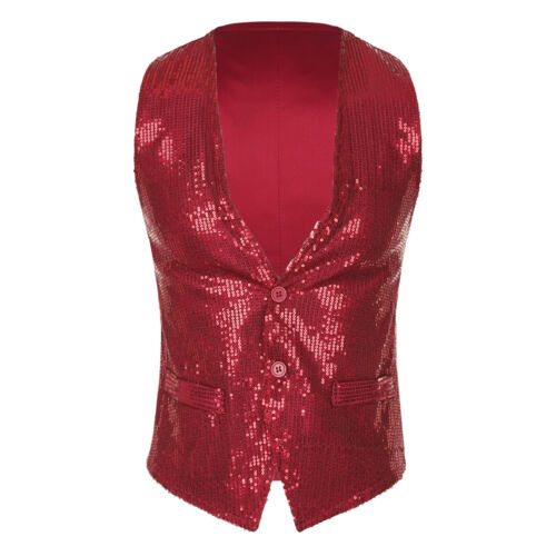 Mens Womens Sparkling Sequin Vest Waistcoat Sleeveless Button Jacket Clubwear - Picture 33 of 99