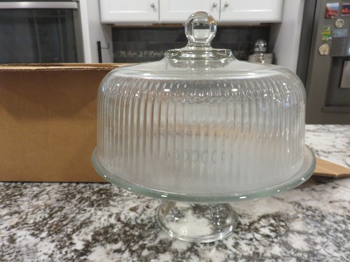 Vintage Crate & Barrel Dome Covered Pedestal Cake Plate Ribbed Glass w/Box NOS ! - Picture 2 of 6