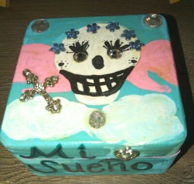 Handmade Day Of Dead Muertos Wooden Trinket Box folkart skull