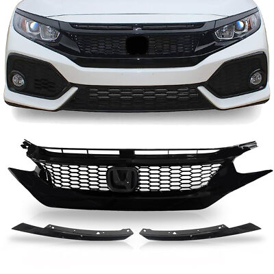 Front Upper Grille Honeycomb Gloss Black Fit Honda Civic 2016-2018 1.5L 2.0L