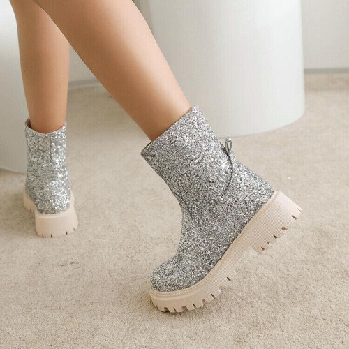 Damen-Stiefeletten Pailletten Glitzer seitlicher Reißverschluss Blockabsatz Plateau Oberbekleidung Freizeit - Bild 5 von 11