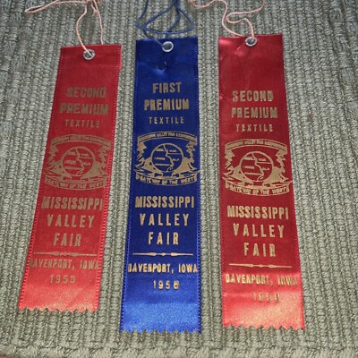 3 Vintage 1955-1956 Mississippi Valley Fair Textile Ribbons. Davenport Iowa