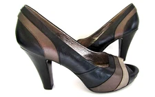 Sofft Women's Black Stripe Bronze Leather High Heel Pump Open Toe Shoes Sz 9M