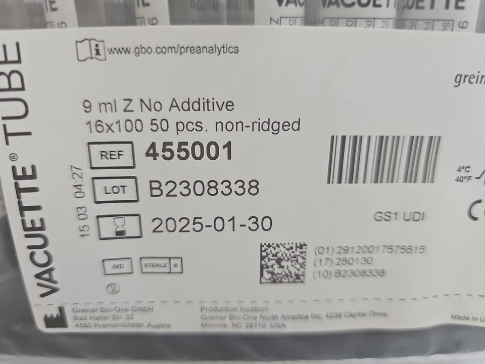 Greiner Bio One 9 mL VACUETTE No Additive PRF Blood Collection Tube