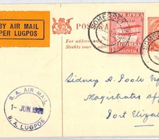 SOUTH AFRICA Airmail 1d+1d Card 1925 Somerset West Port Elizabeth {samwells}YJ82