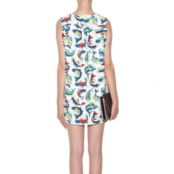 KENZO Paris Mini Abito Crepe Bianco Stampa Pesce S