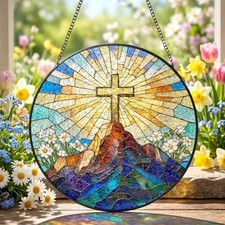 Custom Cross Flower Stained Glass Style Suncatcher Window Hanging Decor