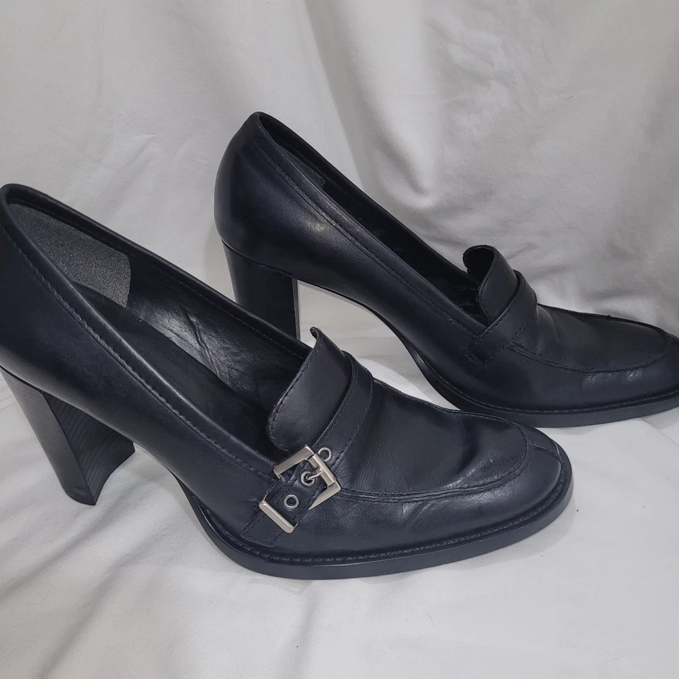 Mocasín de tacón alto ENZO ANGIOLINI de cuero negro talla 9B 3" hebilla de correa de tacón alto Foto 4 de 4