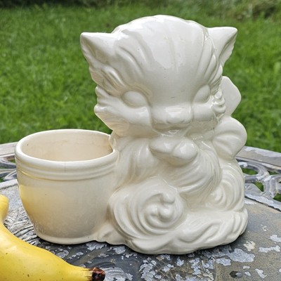 Vintage Hull USA Art Pottery Ivory White Persian Cat Ceramic Kitchen Planter