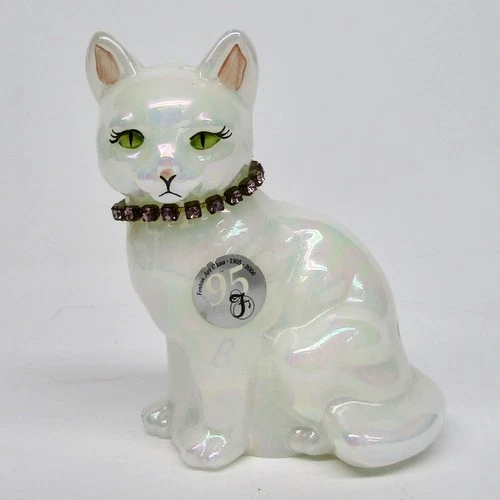 Fenton glass cat iridescent pink vintage jewel necklace green eyes 3 1/2" figure