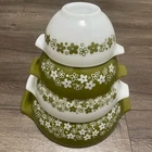 PYREX Vintage CRAZY DAISY Cinderella 4 Bowl Set 444, 443, 442 & 441 Mixing Green