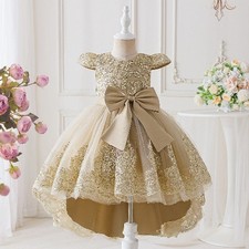 Embroidery Bow Bridesmaid Party Girls Dress Trailing Flower Wedding Birthday