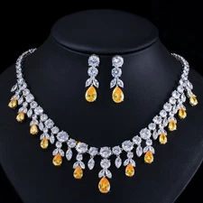 CWWZircons Tassel Drop Yellow CZ Necklace Earring African Jewelry Set for Brides