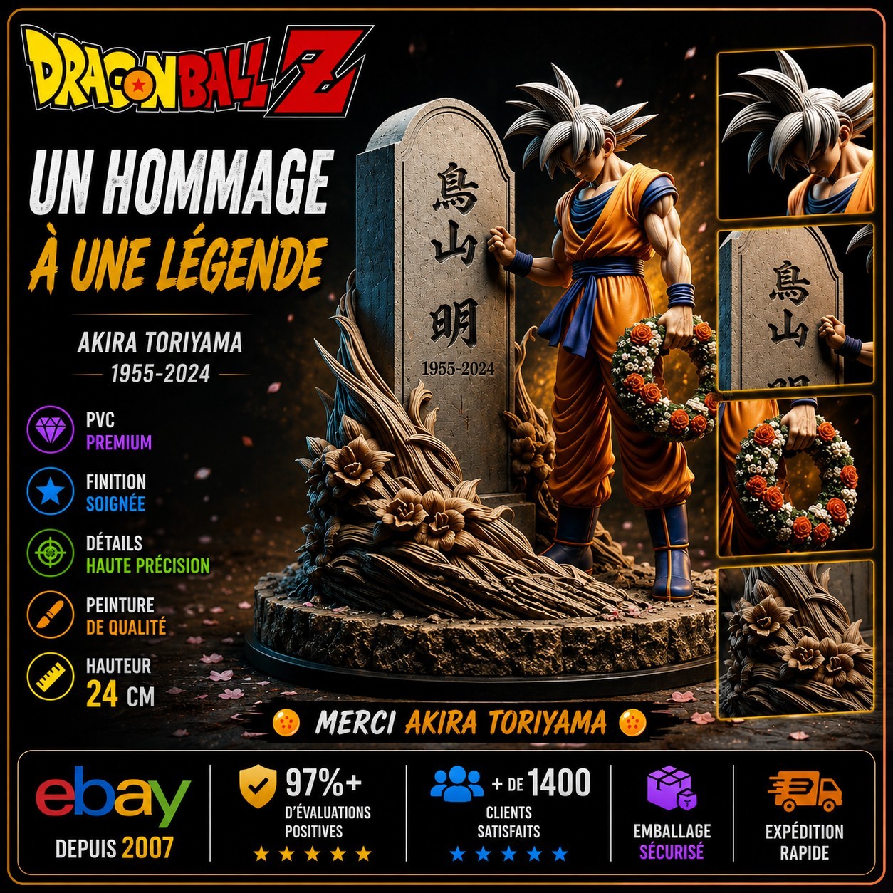 Figurine Goku DBZ de 24 cm sculpture hommage Toriyama en édition collector limitée