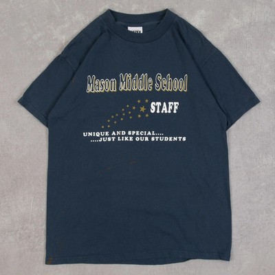 Vintage 90s Graphic Logo Middle School Staff T-Shirt M Men's Navy Blue Slogan