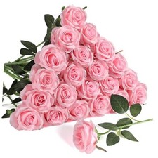 24pcs Artificial Silk Roses Bulk,Fake Roses Flower with Stems Realistic Pink