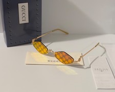 Gucci GG1604S 005 Gold Geometric Sunglasses Pink Mirror Logo Lens Ships Today