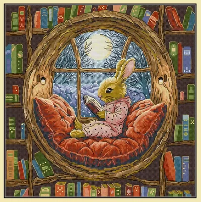 Counted Cross Stitch Kit 14 ct Little Rabbit in Library 36x36cm Joy Sunday UK