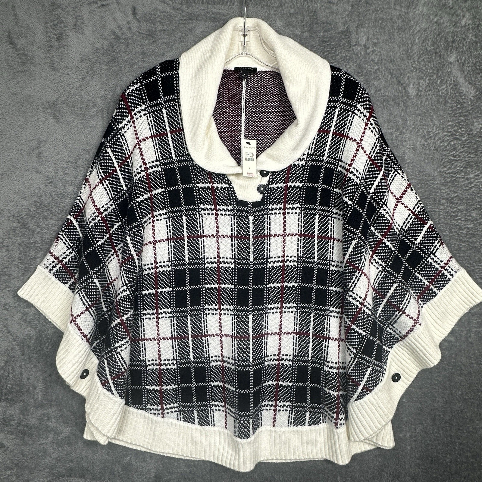 Talbots Poncho Sweater Women's Large Plaid Lambswool Nylon Cozy Soft Cowl NWT